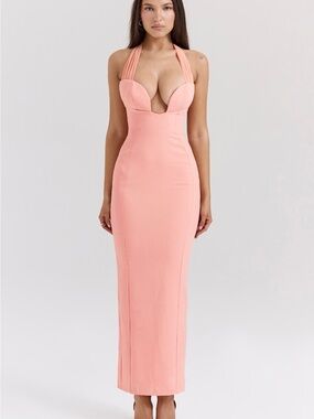 House of CB Peach Halter Plunge Maxi Dress